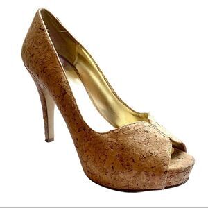 🔵Nine West Bonfire Cork Peep Toe Pumps Heels 5.5